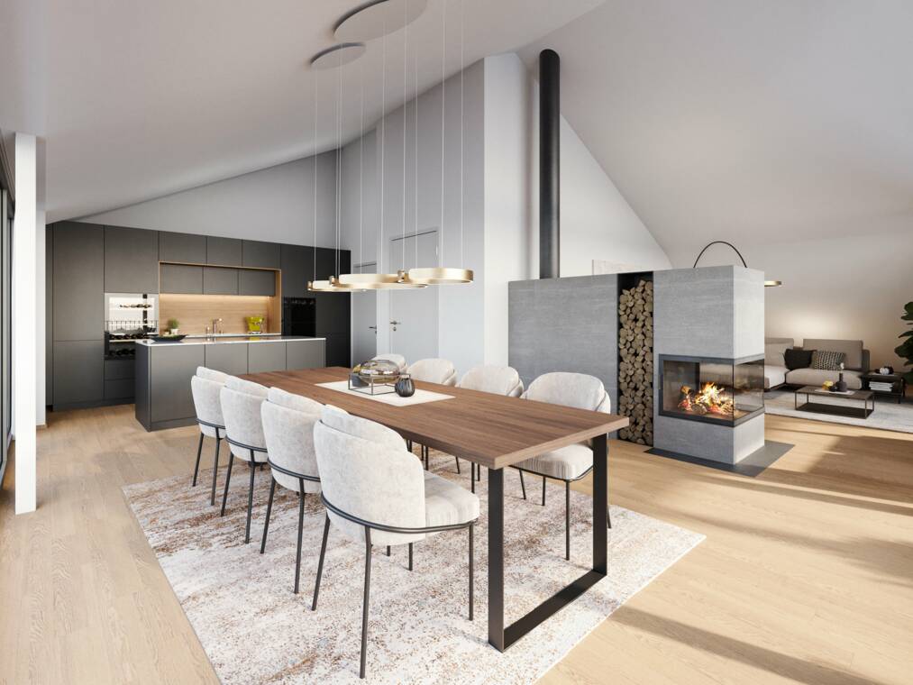 Ein Einrichtungsbeispiel veranschaulicht den möglichen offenen Wohn-, Ess- und Kochbereich des Penthouses. Echtholzboden und raumhohe Verglasungen schaffen einen fließenden Übergang zur Terrasse; die dargestellte Möblierung ist nicht verbindlich. Wohnbeispiel für das Penthouse