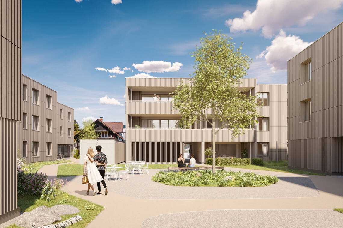 Die Visualisierung stellt die drei Geschosse, großzügigen Terrassen und bodentiefen Fenster der geplanten Wohngebäude dar. Bäume, Privatgärten und gemeinschaftliche Grünflächen umgeben das Ensemble. Visualisierung der südlichen Gebäudeansicht Im Städtle