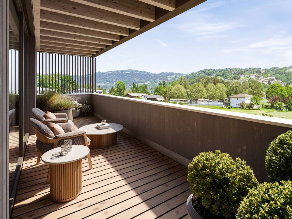 Die Visualisierung stellt den Blick aus Wohnung 11 in die grüne Umgebung am Dornbirner Stadtrand dar. Die dargestellte Gestaltung dient als Wohnbeispiel. Weidenweg, Dornbirn-Aussicht-Whg 11