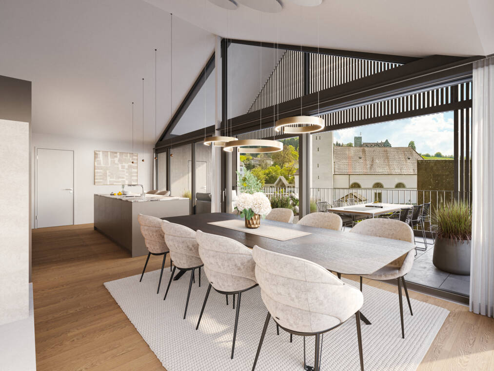 Die Visualisierung vermittelt eine mögliche Gestaltung des offenen Wohnbereichs der Wohnung A07. Große Fensterflächen bringen viel Tageslicht in den Raum und verbinden ihn mit der angrenzenden Terrasse. Wohnbeispiel für die Dreizimmerwohnung A07