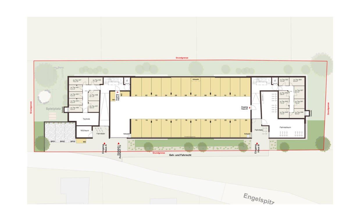 Engelspitz, Sulzberg-Geschossplan Ebene 0, Tiefgarage Engelspitz, Sulzberg-Geschossplan Ebene 0, Tiefgarage