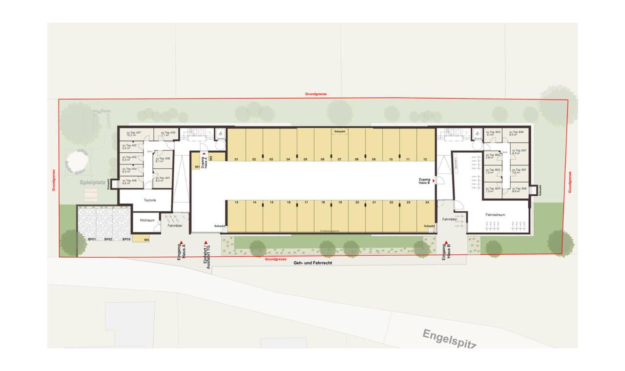 Engelspitz, Sulzberg-Geschossplan Ebene 0, Tiefgarage Engelspitz, Sulzberg-Geschossplan Ebene 0, Tiefgarage