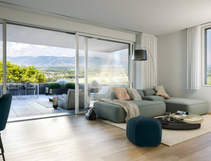 Großzügige Fenstertüren erhellen die Räume und überdachte Terrassen laden zum gemütlichen Verweilen in der neuen Wohnanlage am Knie in Dornbirn ein. © ©AM KNIE in Dornbirn Projekt GmbH Großzügige Fenstertüren erhellen die Räume und überdachte Terrassen laden zum gemütlichen Verweilen in der neuen Wohnanlage am Knie in Dornbirn ein. © ©AM KNIE in Dornbirn Projekt GmbH