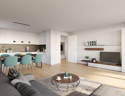 Die modernen, offenen Wohn-Esszimmer wirken freundlich und einladend (Wohnungsbeispiel) Die modernen, offenen Wohn-Esszimmer wirken freundlich und einladend (Wohnungsbeispiel)